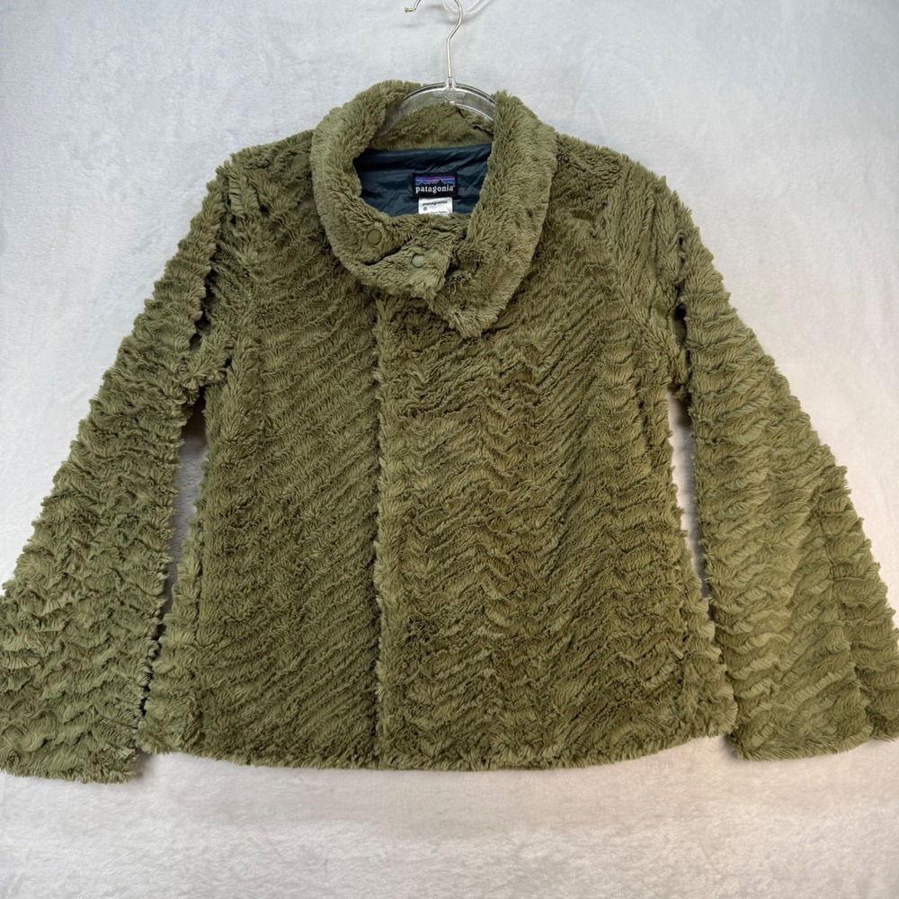 Patagonia Pelage Faux Fur Jacket‎ Cozy Warm Olive Green Coat Womens Size S